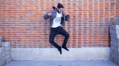 Hipster Guy Jumping in the Air Wearing a Round Neck T-Shirt Stop Motion