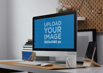 Mockup of an iMac in a Modern Office Desk