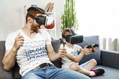 V-Neck T-Shirt Mockup of a Man Playing VR Games With His Son