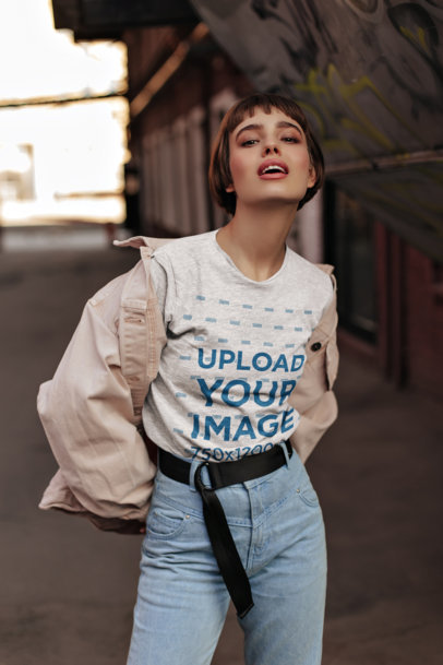 Heathered T-Shirt Mockup Featuring a Brunette Short-Haired Woman Posing m12177 r-el2