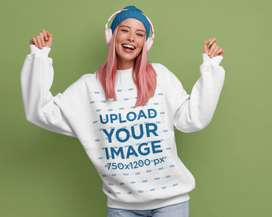 Sweatshirt Mockup of a Woman with Pink Hair and Headphones Dancing 