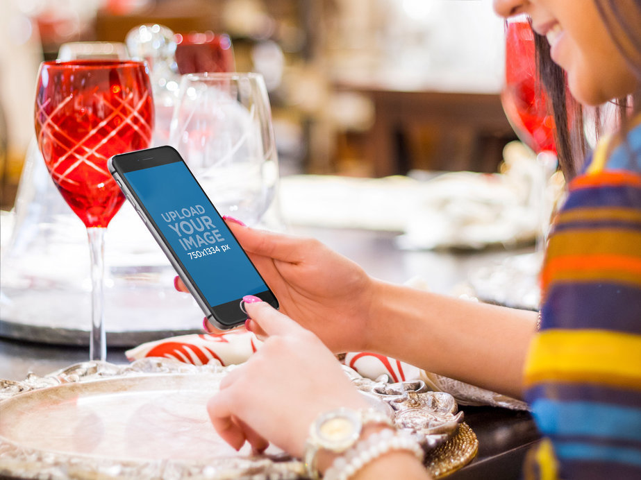 Portrait Mode iPhone 6 Mockup - Girl Using iPhone 6 at Dinner