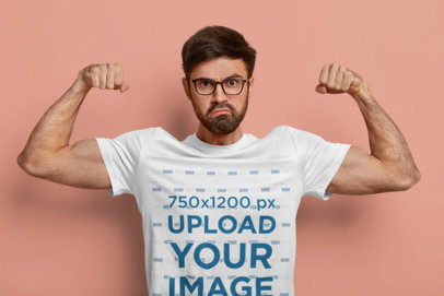 Round-Neck Tee Mockup of a Man with Glasses Flexing His Arms