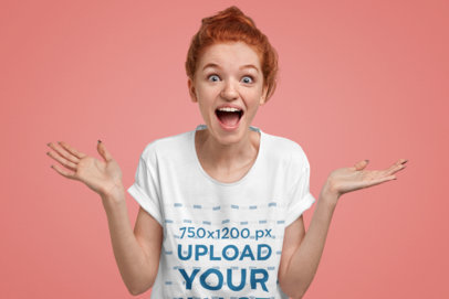 T-Shirt Mockup of a Woman with a Surprise Facial Expression Opening Her Mouth