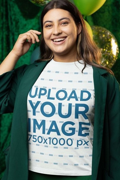 Round-Neck Tee Mockup of a Happy Woman at a St Patrick's Day-Decorated Studio