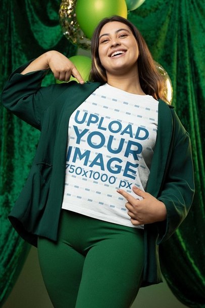 St Patricks Day-Themed Mockup of a Woman Pointing at Her Bella Canvas Tee