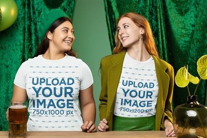 Bella Canvas Tee Mockup Featuring Two Cheerful Women at an Irish-Themed Party