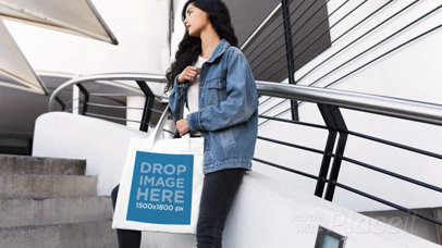 Pretty Woman Holding Her Tote Bag Stop Motion on Stairways