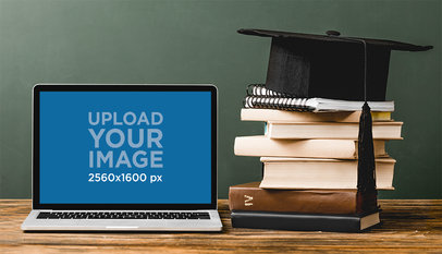 Mockup of a MacBook Placed Next to a Pile of Books and a Graduate Cap M26343-r-el2