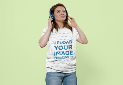 Heathered T-Shirt Mockup Featuring a Woman Listening to Music