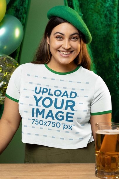 Mockup of a Woman Wearing a Ringer T-Shirt at a St Patrick's Day-Themed Party