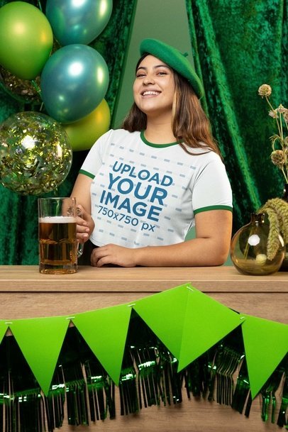Ringer T-Shirt Mockup Featuring a Happy Woman With a Beer at an Irish Party