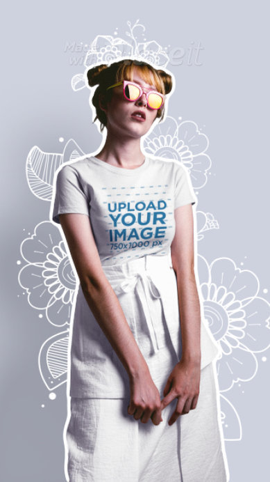 Video of a Young Woman Wearing a Customizable T-Shirt Featuring Floral Animations