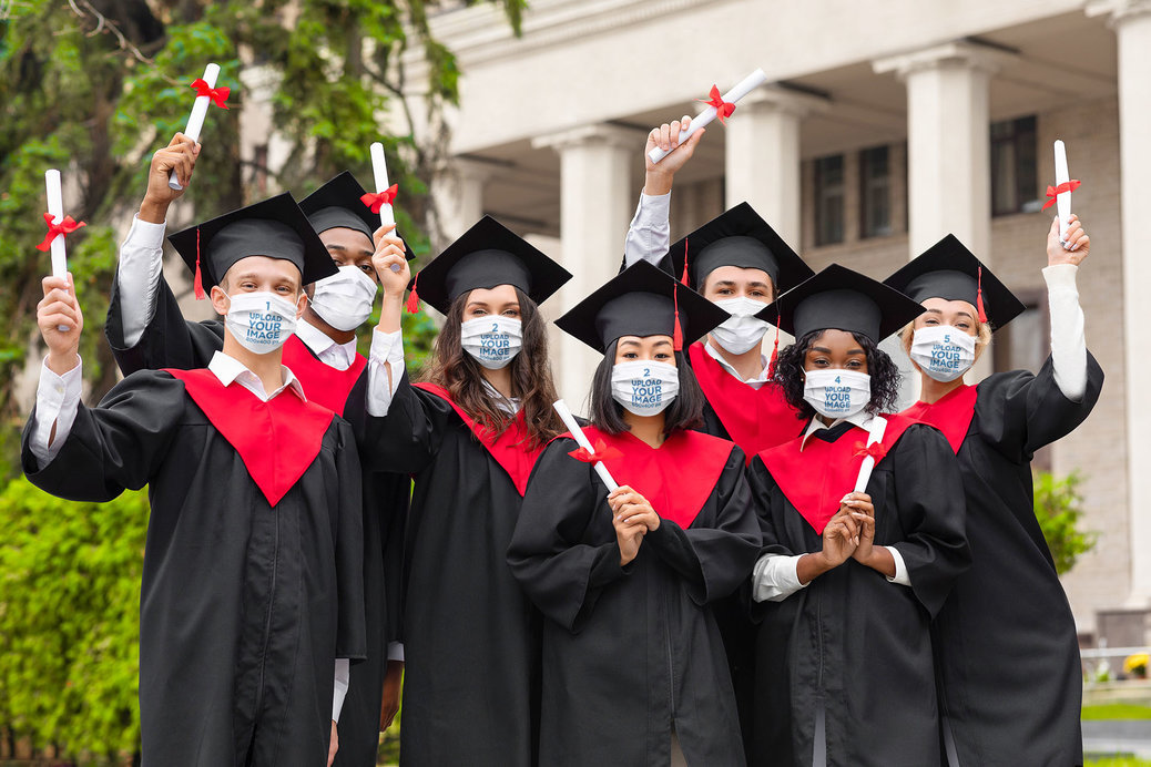 Face Mask Mockup Featuring a Group of Friends Celebrating Their Graduation