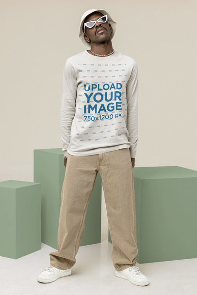 Mockup of a Man With a 90s Look Wearing a Long-Sleeve Tee