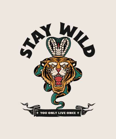 T-Shirt Design Template Featuring an Old-School Tattoo Illustration of a Tiger and a Snake