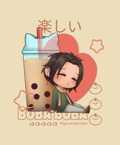 T-Shirt Design Generator Featuring an Anime Character Leaning Against a Big Bubble Tea Cup