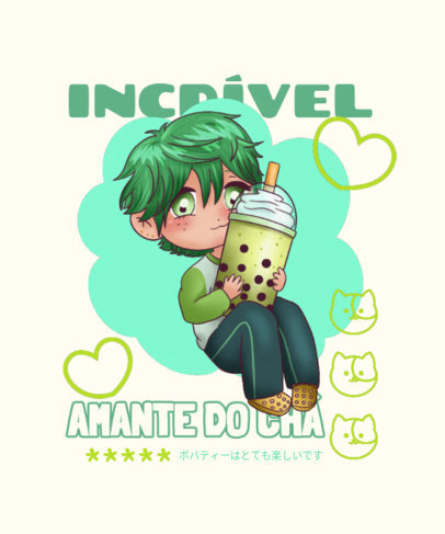 T-Shirt Design Template Featuring an Anime Character With a Bubble Tea Cup