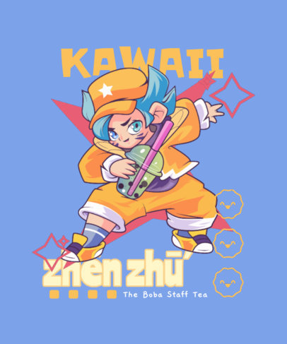 T-Shirt Design Template Featuring Anime-Styled Characters Holding Bubble Tea Cups