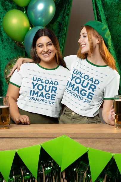 Ringer Crop Top Mockup of Two Female Friends Hugging at a St Patrick's Day Party