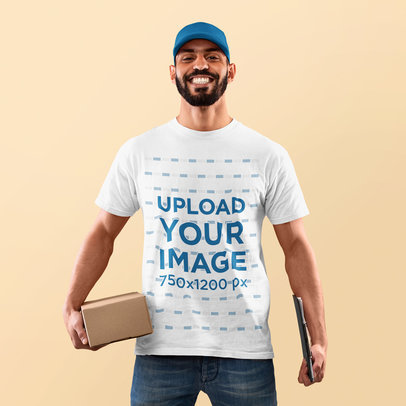 Round-Neck Tee Mockup of a Smiling Bearded Man Holding a Box