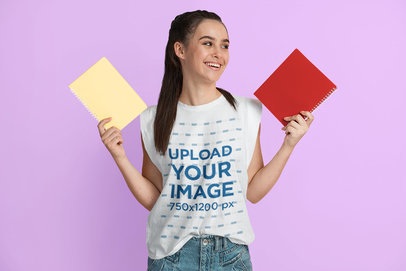 Sleeveless Tee Mockup Featuring a Cheerful Young Woman With Two Notebooks m22661 r-el2