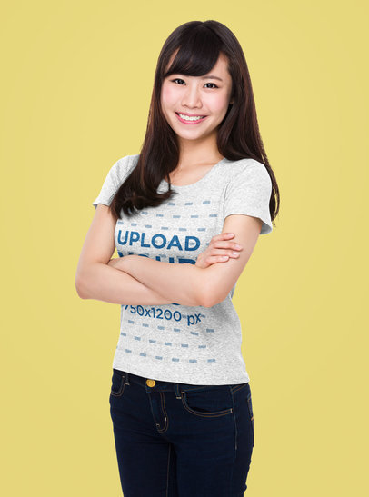 Heathered T-Shirt Mockup Featuring a Woman with Her Arms Crossed