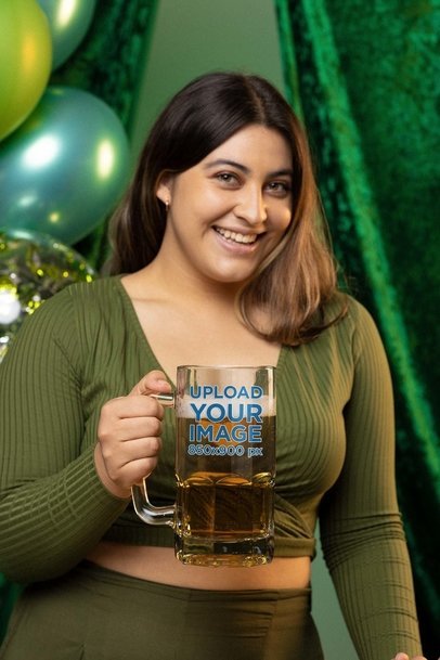 St Patricks Day-Themed Mockup of a Smiling Woman Holding a Beer Mug