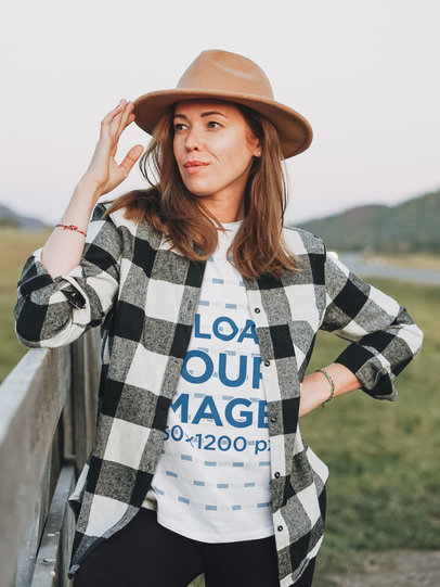 Tee Mockup of a Serious Woman Wearing a Flannel Overshirt m3942-r-el2
