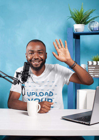 T-Shirt Mock Featuring a Smiling Man Waving at the Camera in a Recording Studio m25900 r-el2