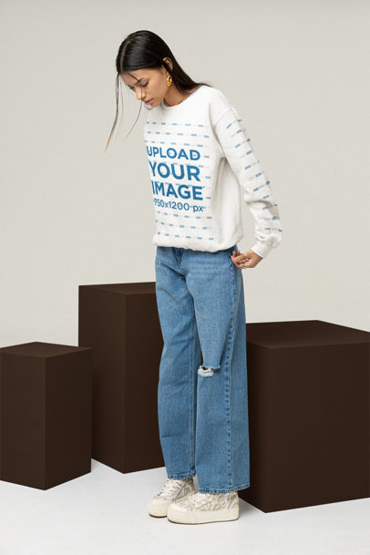 Sweatshirt Mockup of a Trendy Woman Wearing a Sweatshirt With Customizable Sleeves