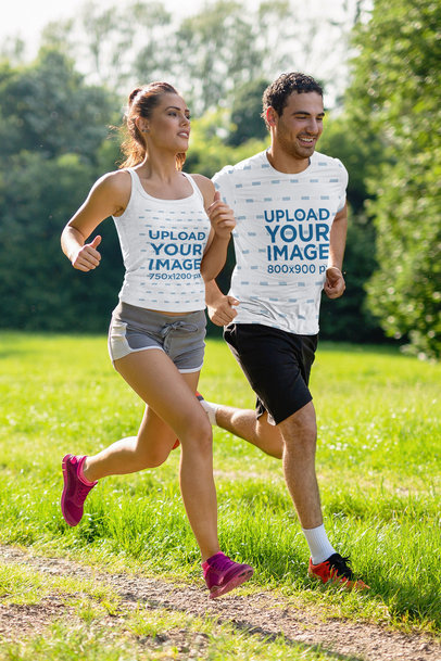 Tank Top and T-Shirt Mockup Featuring a Couple of Runners at a Park m26486-r-el2