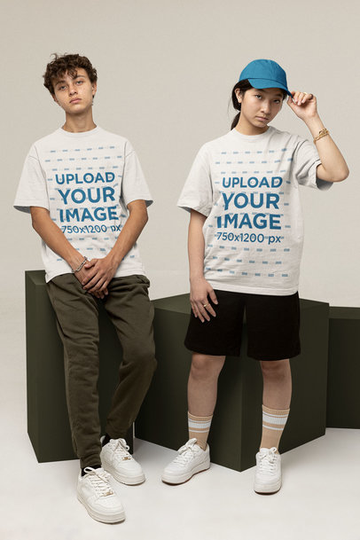 Mockup of Two Teenagers Wearing Oversized T-Shirts