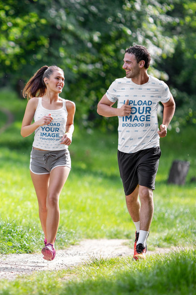 Tank Top and T-Shirt Mockup of a Man and a Woman Jogging at a Park m26488-r-el2