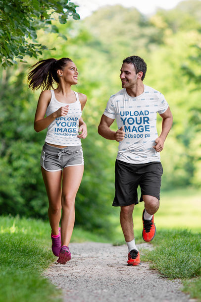 Tank Top and T-Shirt Mockup of a Couple Running at a Park m26487-r-el2