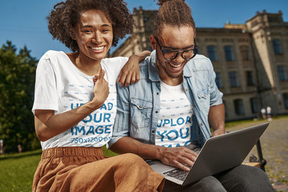 T-Shirt Mockup Featuring a Happy Man and Woman Hanging Out at College