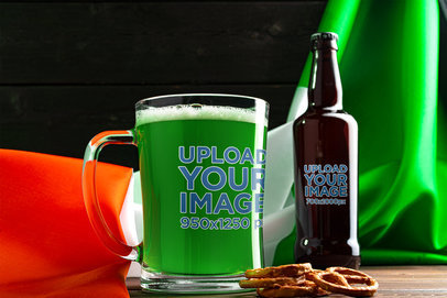 Mockup of a Beer Bottle and a Glass Mug in an Irish-Themed Setting for St Patrick's Day
