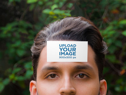 Fun Business Card Mockup - Man Holding Business Card on Forehead