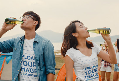 T-Shirt Mockup Featuring Two Friends Drinking Beer by a Lake m17233-r-el2