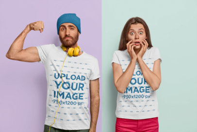 T-Shirt Mockup Featuring a Man Showing His Muscles Next to a Surprised Woman
