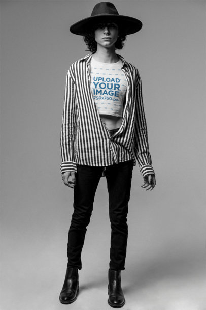 Monochromatic Mockup of a Tall Man With a Crop Top Tee Posing at a Studio m26394