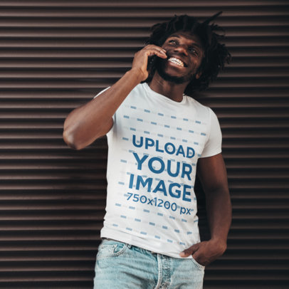 Round T-Shirt Mockup Featuring a Happy Bearded Man Talking on The Phone m24138-r-el2