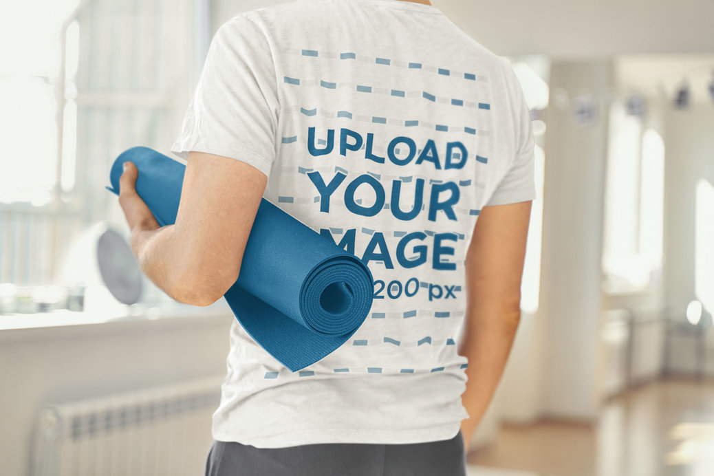 Back-View Heathered T-Shirt Mockup Featuring a Man Going to Yoga Class
