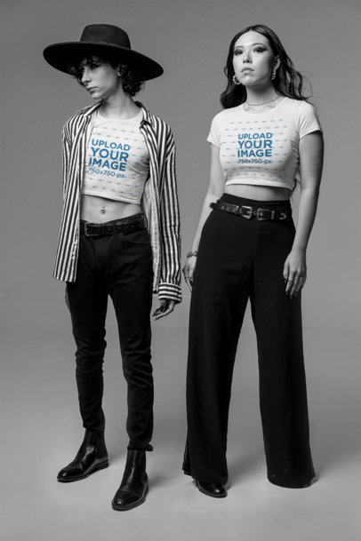 Mockup Featuring Two People Wearing Crop Tops at a Studio