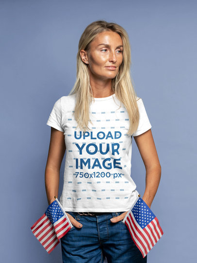 T-Shirt Mockup Featuring a Woman With Two Small American Flags