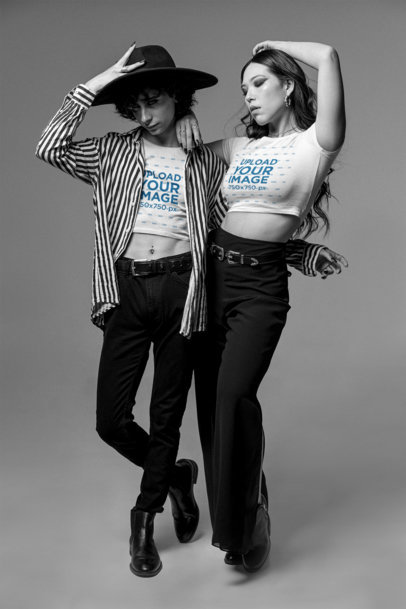 Mockup of a Man and a Woman Wearing Crop Tops at a Studio