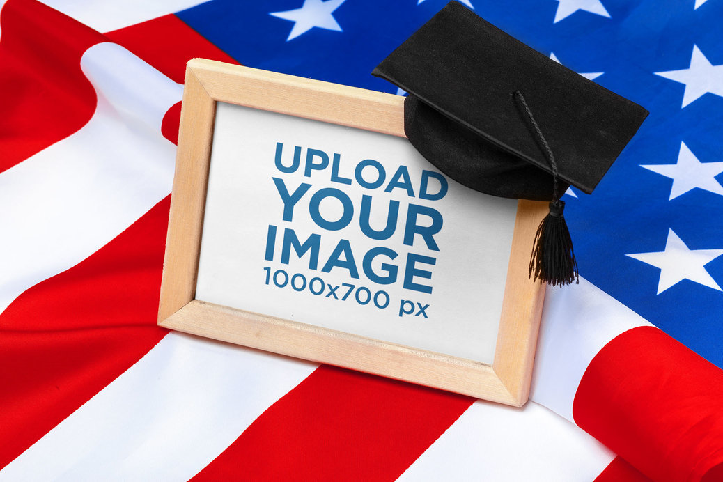 Art Print Mockup Featuring an American Flag and a Graduation Cap