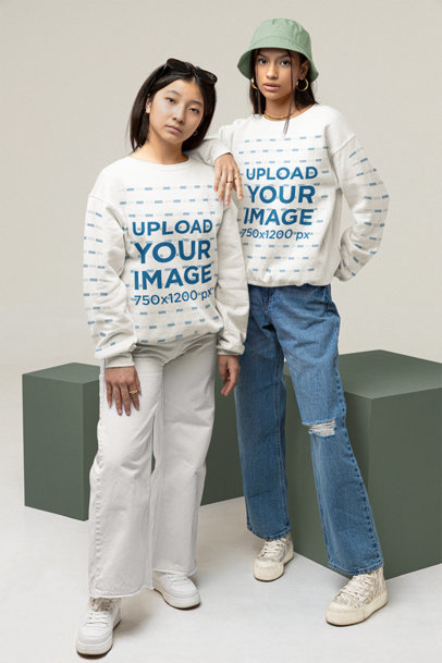 90s Mockup of Two Young Women Wearing Sweatshirts