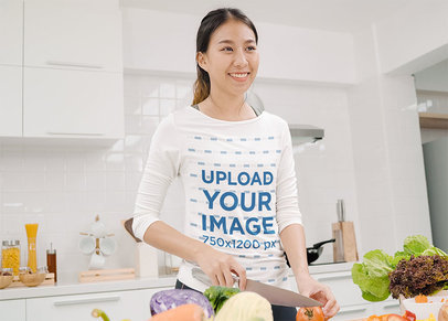 Three-Quarter Sleeve Mockup Featuring Happy Woman Preparing a Healthy Dish