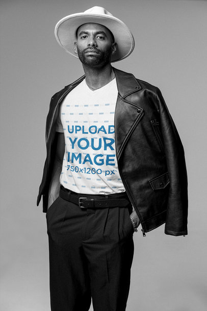 Black and White Mockup of a Stylish Man Wearing a V-Neck Tee